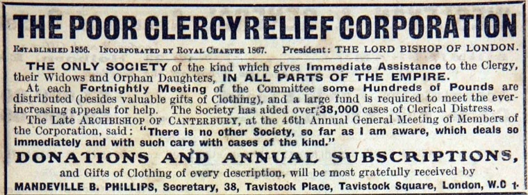Newspaper advertisement for the Poor Clergy Relief Corporation