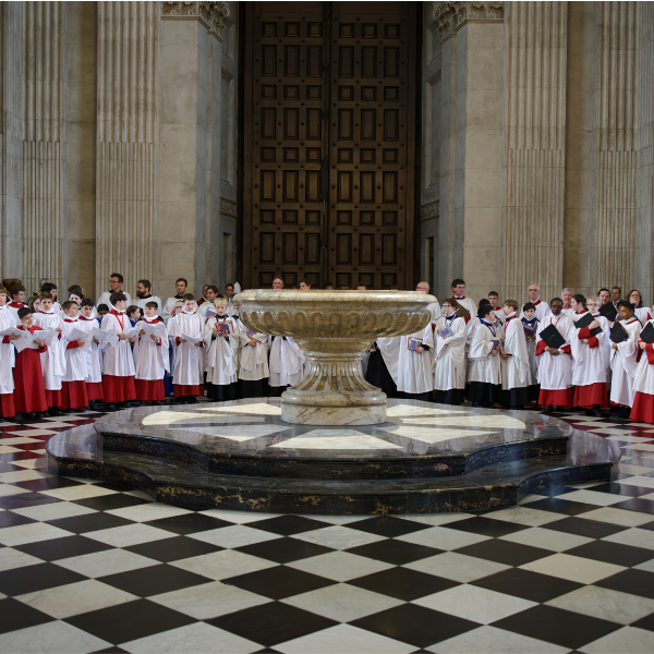 The Choir of St Paul's Cathedral, singing beside the font at the West Door of the Cathedral.