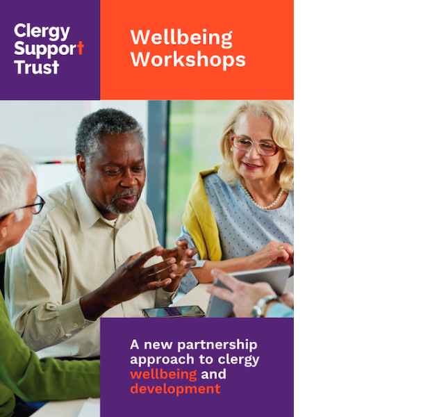 The front cover of our Wellbeing Workshops booklet. Text reads: A new partnership approach to clergy wellbeing and development.