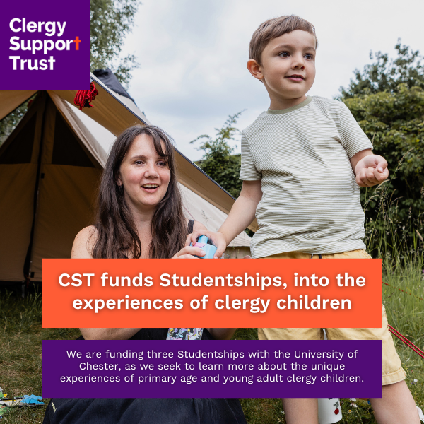 A young boy is holding hands with his mother, standing next to a tent in the garden. Text reads: CST funds Studentships, into the experiences of clergy children.