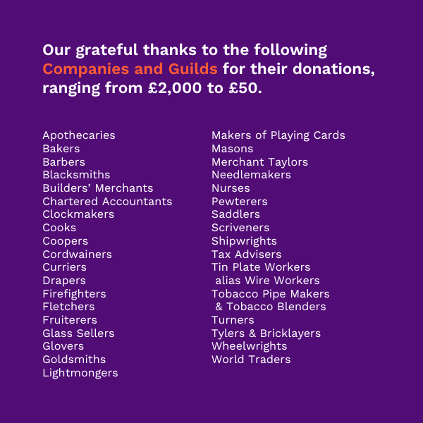 Written in white on a purple background, text reads: Our grateful thanks to the following Companies and Guilds for their donations, ranging from £2,000 to £50.