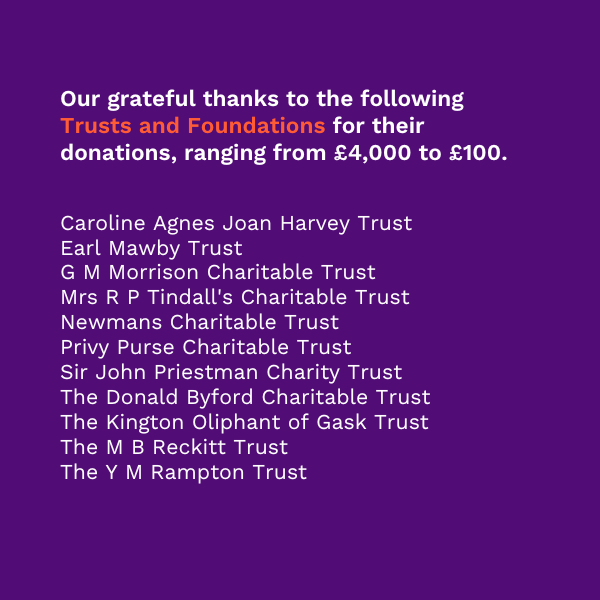 Written in white on a purple background, text reads: Our grateful thanks to the following Trusts and Foundations for their donations, ranging from £4,000 to £100.