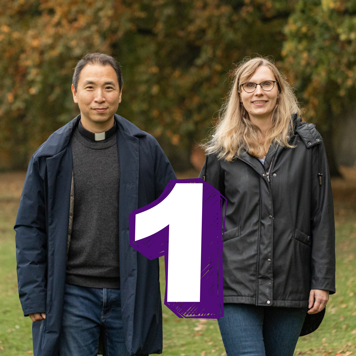 A man and woman are walking through the park, holding hands. Text reads: One.