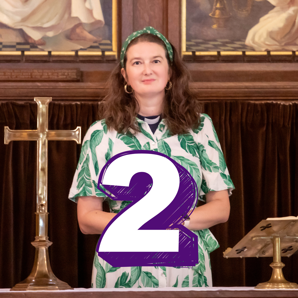 A woman in a floral dress is standing in a church. Text reads: Two.
