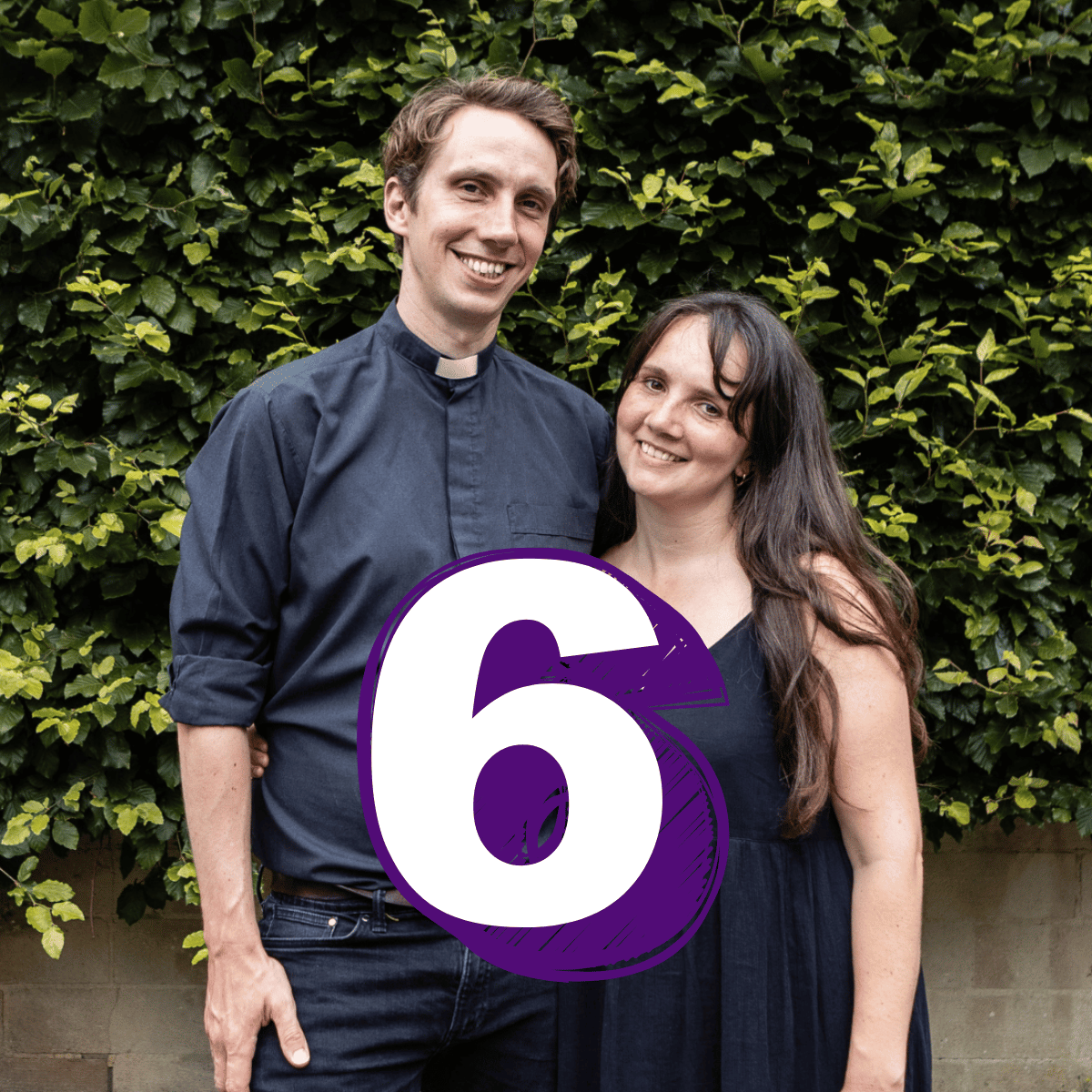 A man and a woman are stood beside a hedge in their garden. Text reads: six.