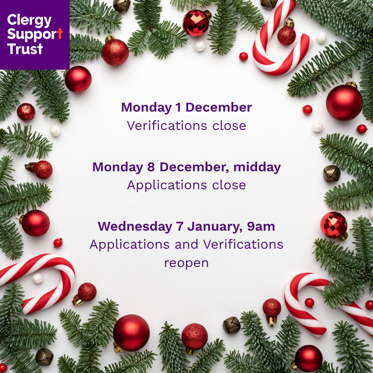 Text reads: Monday 1 December, Verifications close. Monday 8 December, midday, Applications close. Wednesday 7 January, 9am, Applications and Verifications reopen.