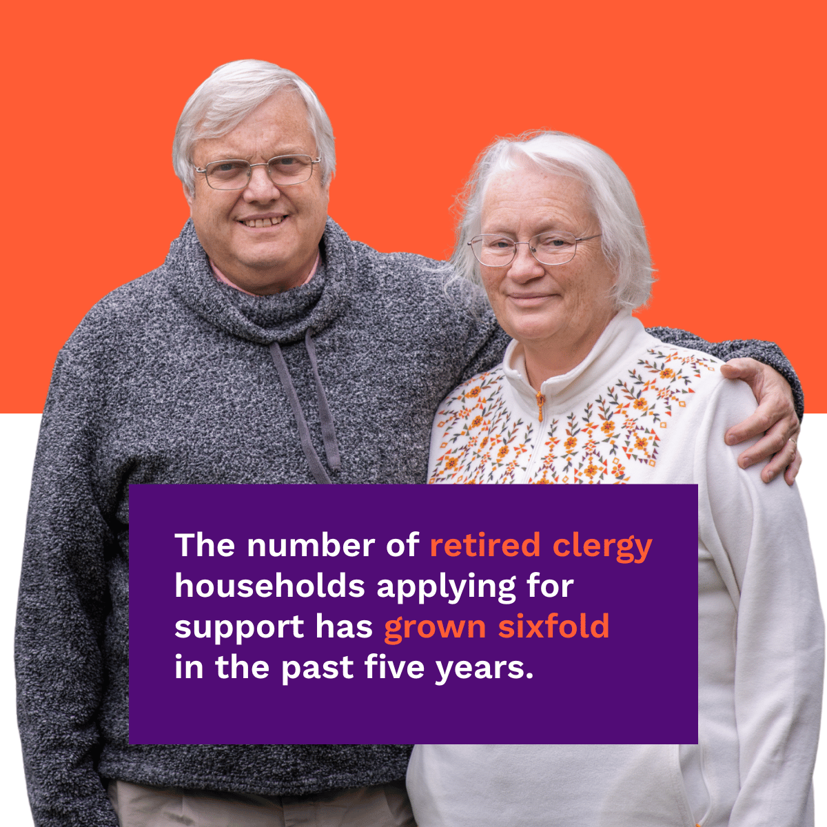 Text reads: The number of retired clergy households applying for support has grown sixfold in the past five years. 