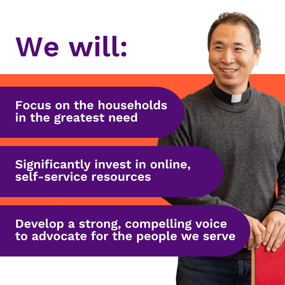Text reads: We will focus on the households in the greatest need, significantly invest in online, self-service resources, and develop a strong, compelling voice to advocate for the people we serve.