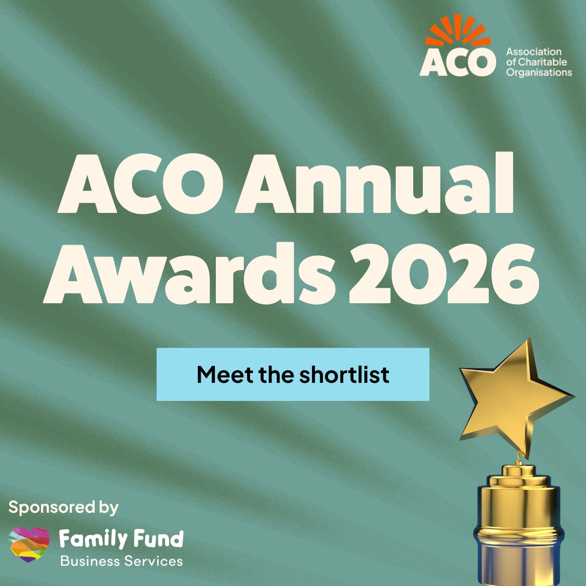 A small gold statue, in the shape of a star. Text reads: ACO Annual Awards 2026. Meet the shortlist.
