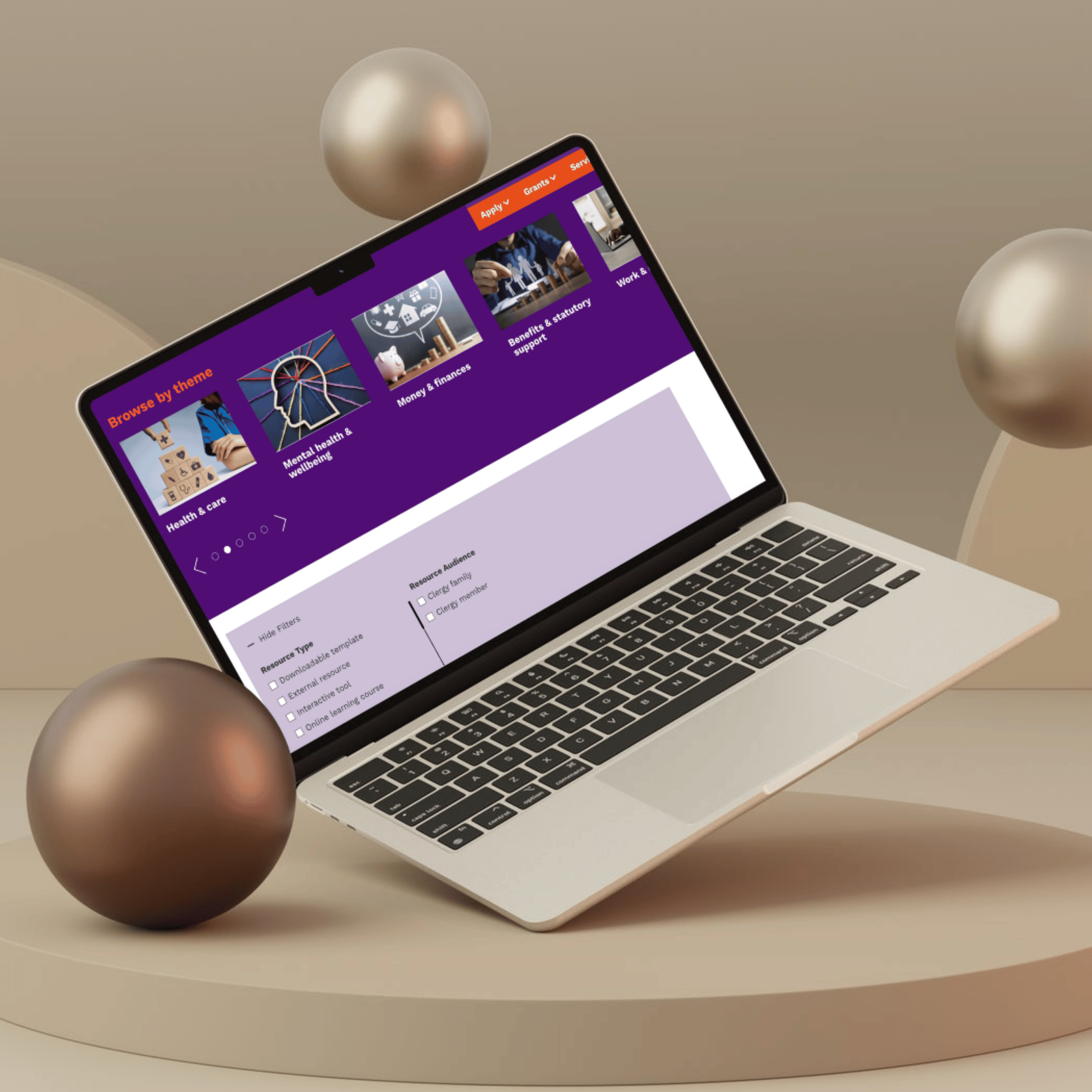 A laptop is open to a web page, showing the Clergy Support Hub. In the background are metallic, golden spheres.