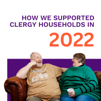 Text reads: How we supported clergy households in 2022. Two people, a man and a woman, sitting on a sofa and laughing together.