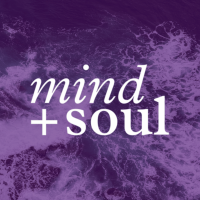 Dark green and black waves crash together in the ocean. On a purple background, text reads: Mind + Soul.